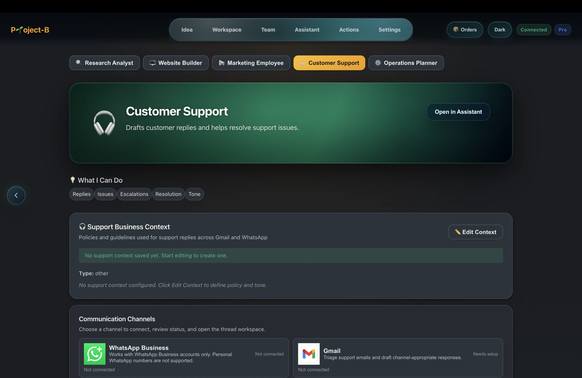 Project-B Customer Support workspace for connected Gmail and WhatsApp Business workflows