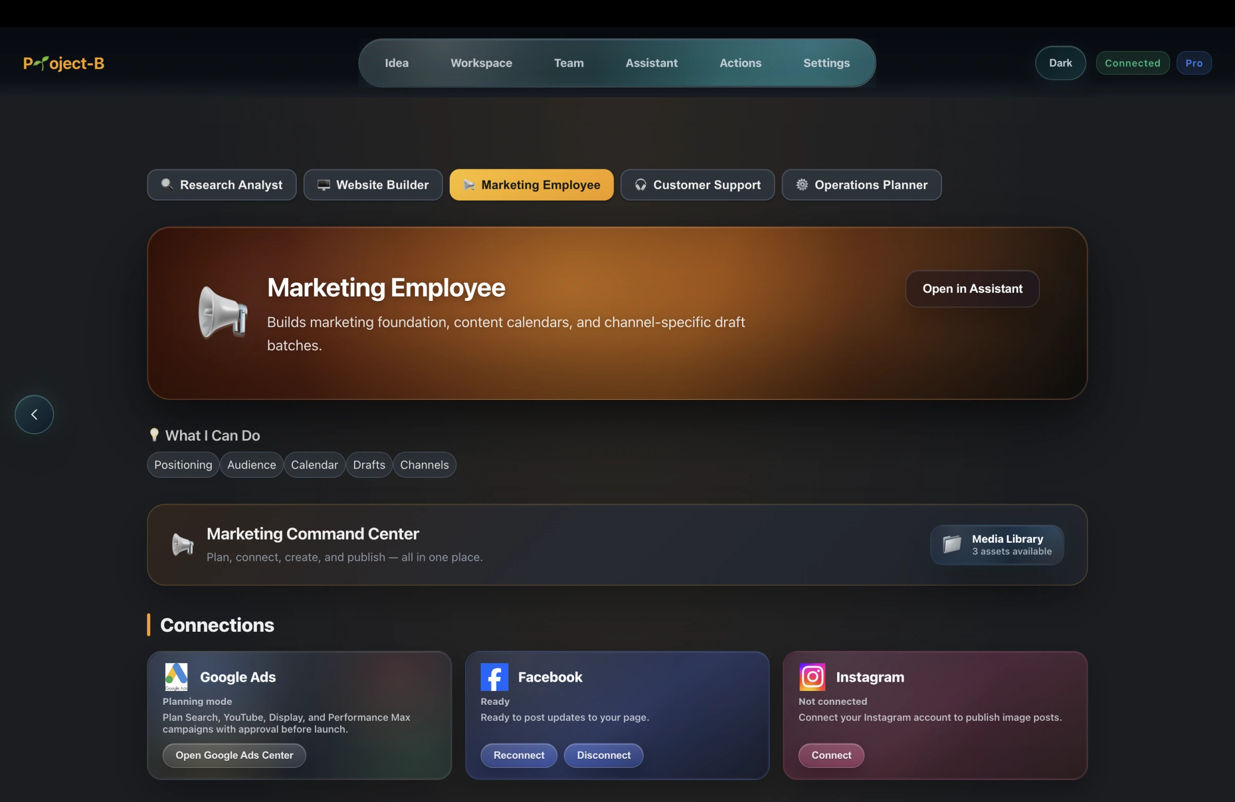 اتصالات التسويق في Project-B لنشر محتوى Facebook وInstagram المعتمد