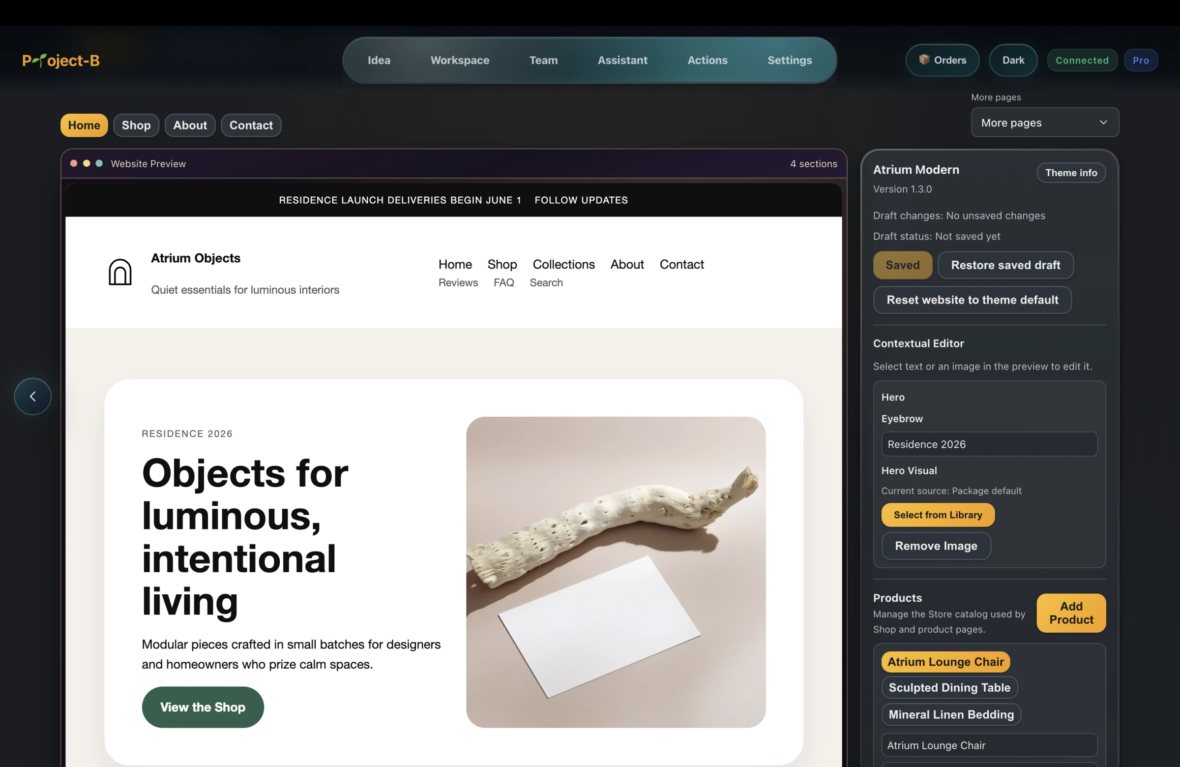 Project-B visual workspace for building a business store